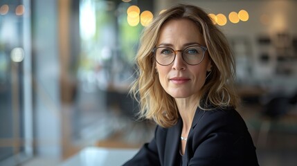 Portrait of a middle-aged business woman with glasses, sitting at a desk in an office looking to the side