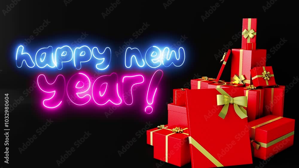 Poster happy new year neon sign. happy new year text font with light. luminous and shimmering haze inside t