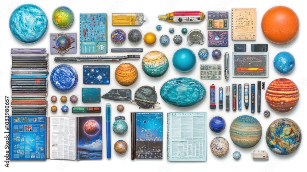 Poster a collection of various objects related to space and astronomy, including globes, books, and models.