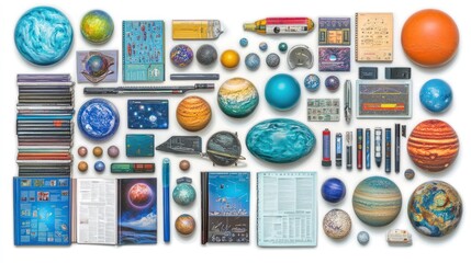A collection of various objects related to space and astronomy, including globes, books, and models.