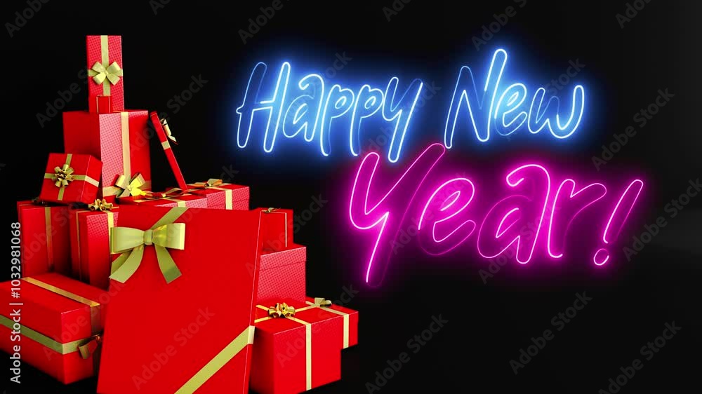 Poster happy new year neon sign. happy new year text font with light. luminous and shimmering haze inside t