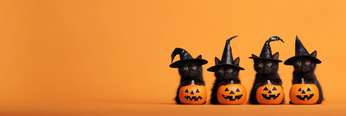 Horizontal row of Halloween black cat with witch hat and pumpkins jack-o-lantern decoration orange yellow background with copy space