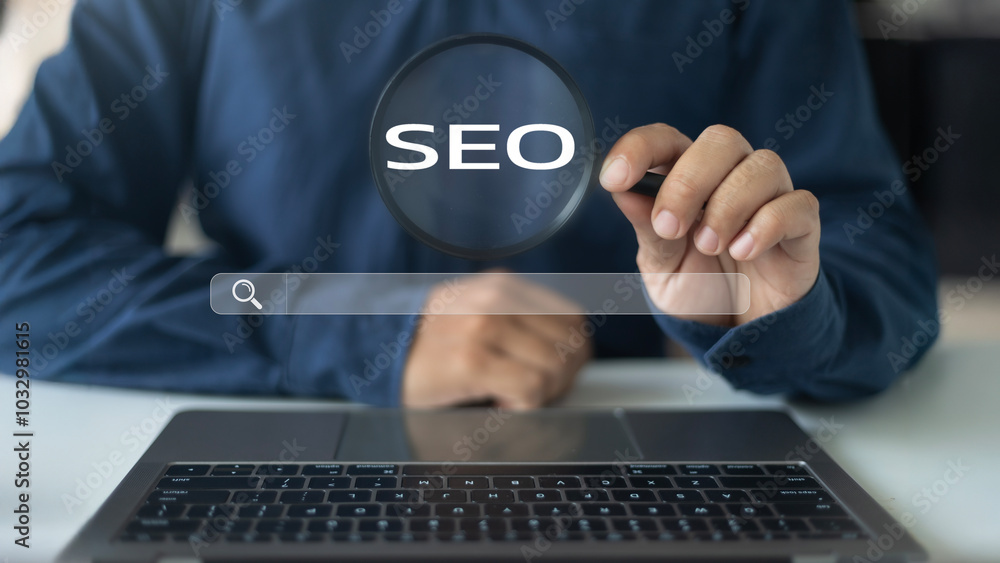Poster businessman analyzing seo with a magnifying glass to improve website ranking and drive more traffic 