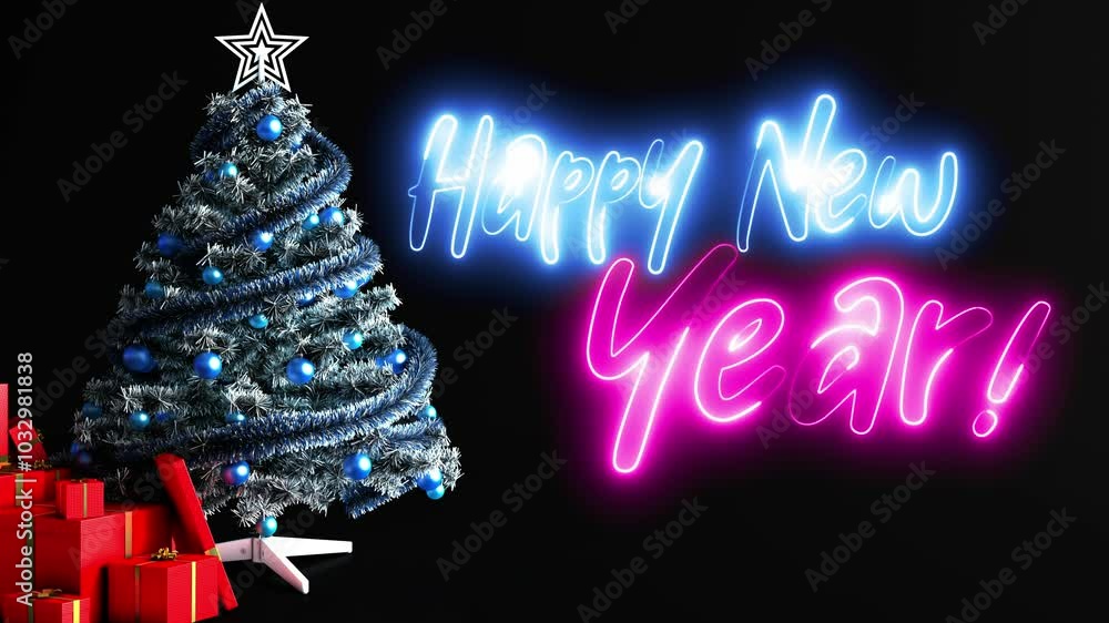 Poster happy new year neon sign. happy new year text font with light. luminous and shimmering haze inside t