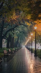 Obraz premium Serene rain-soaked park path with autumn trees, street lamps, and a bench at dusk
