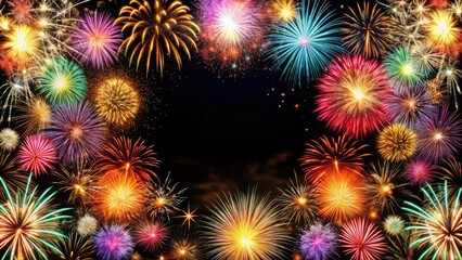 Fototapeta premium Stunning Fireworks Border Frame on Black Background for Celebrations, Events, and Festive Occasions with Copyspace for Text, Invitations, or Announcements - Perfect for New Year