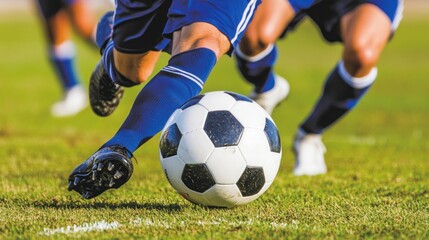 Obraz premium Close up of a soccer player kicking the ball during a game.