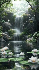 Fototapeta premium Serene pond nestled amongst lush greenery and rocks, reflecting natures peaceful ambiance. water flowing gently over moss-covered rocks with delicate flowers blooming around them.