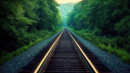 Fototapeta premium A straight railroad track disappearing into the lush greenery of a dense forest, with a soft, ethereal glow.