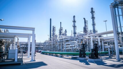 An industrial site featuring pipes, towers, and machinery under a clear blue sky, indicative of energy production or processing.