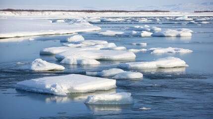 Obraz premium A frozen river with ice floes floating on the water.