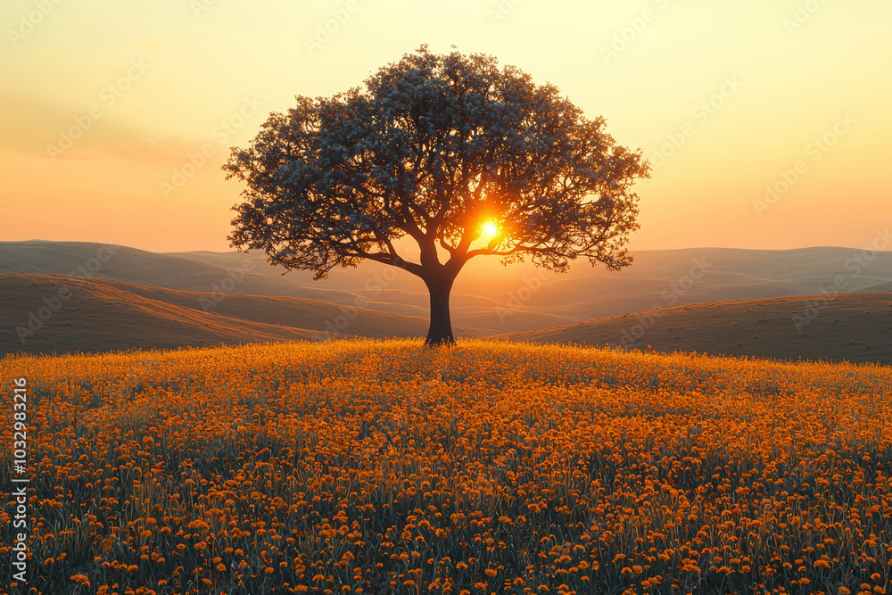 Poster a lone tree standing in a golden field as the sun sets behind it creates a simple yet powerful image