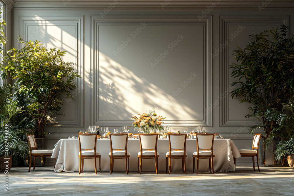 Poster a lively dinner party on one side of the image with an empty chair and table on the other represents
