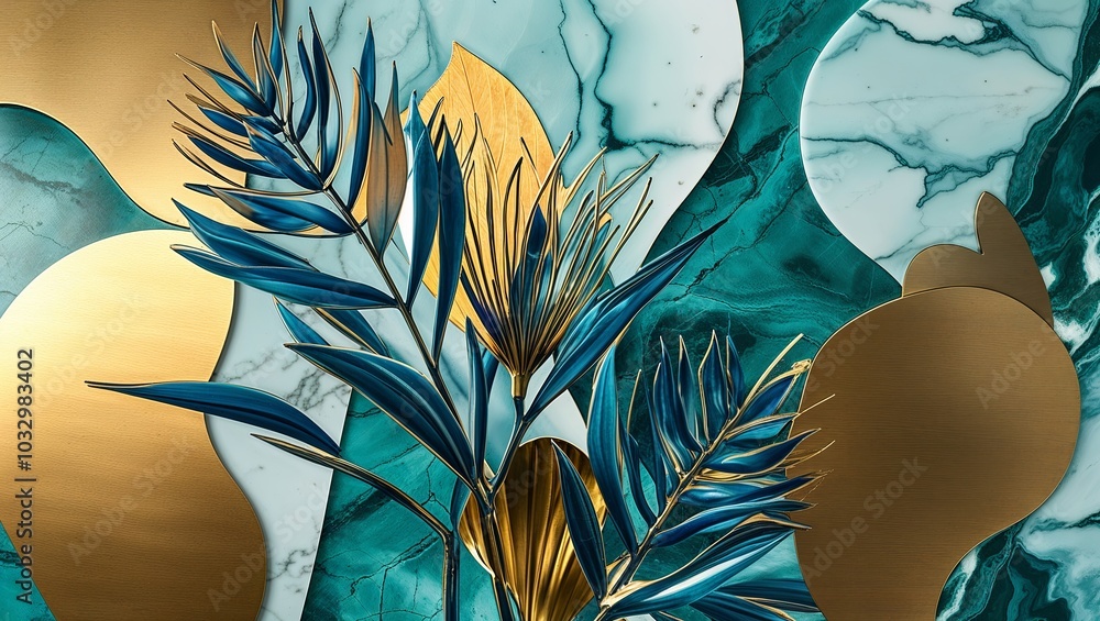 Poster Abstract art featuring gold and blue tropical leaves against a green marble background.