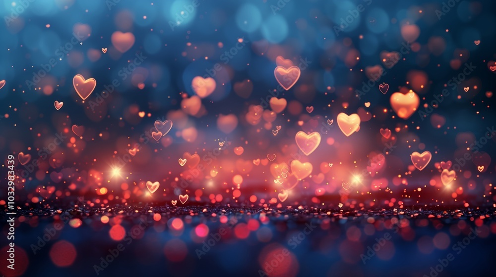 Poster a beautiful background of tiny hearts floating in the air, bokeh effect, and glowing lights create a