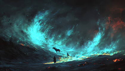Obraz premium A bleak, blackened landscape dotted with phantom flames—blue and green fires that neither burn nor emit heat