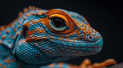 Obraz premium A close up of an exotic blue and orange lizard with intricate patterns on its skin