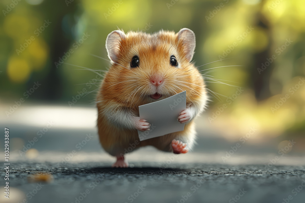 Poster a hamster running on a treadmill while holding a report illustrates the futility of overwork. concep
