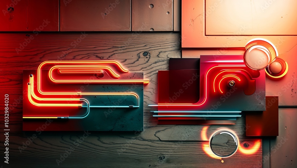 Wall mural Abstract neon light installation with red, orange, and blue against a wood panel background.