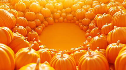 Fototapeta premium 3D pumpkins squash pile food decoration vibrant orange yellow food autumn harvest vegetable background with copy space