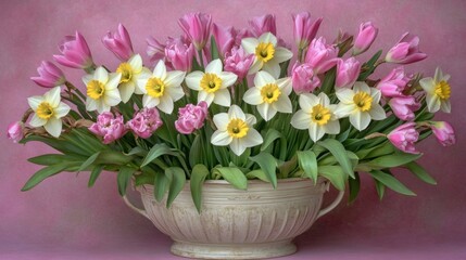 A white ceramic vase filled with pink tulips and yellow daffodils, arranged in a symmetrical pattern, against a soft pink background.