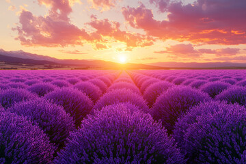 Obraz premium A field of lavender stretching into the horizon under a vibrant sunset sky captures a sense of calm and wonder. Concept of beauty in nature.
