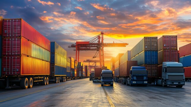 Trucks waiting in line, containers transport vehicles border commercial goods exchange cross-country commerce. AI generated