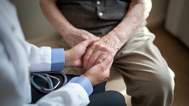 Parkinson's disease patient, Arthritis hand, mental health, or gout knee pain care with geriatric doctor consulting examining comforting elderly senior aged adult in medical exam clinic or hospital