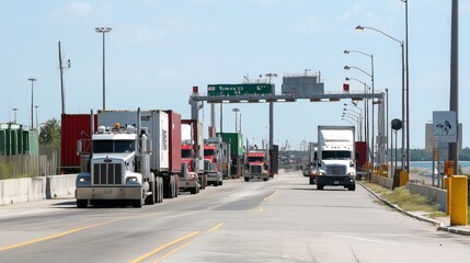 Trucks waiting in line, containers transport vehicles border commercial goods exchange cross-country commerce. AI generated