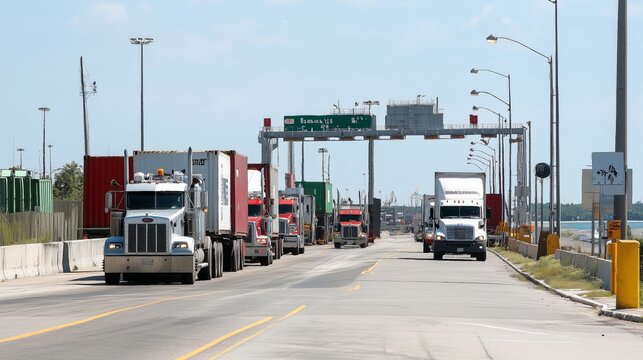 Trucks waiting in line, containers transport vehicles border commercial goods exchange cross-country commerce. AI generated