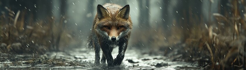 Fototapeta premium A wild fox navigates through a misty forest amidst gentle raindrops capturing the essence of nature's beauty and wildlife resilience