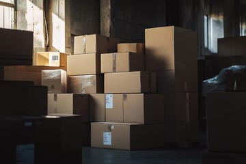 Stacked Cardboard Boxes in a Dark Warehouse