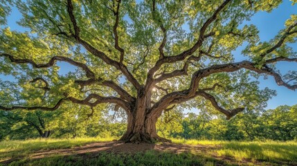 A large, old oak tree with spreading branches stands tall in a grassy field, sunlight shining through its leaves.