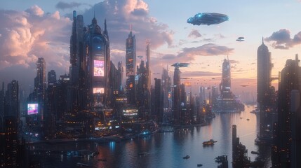 Fototapeta premium Futuristic cityscape at dusk a vibrant urban landscape with floating vehicles and reflected lights on water