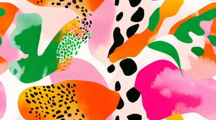 leopard animal print and plant print in green pink peach orange gradient stripe colored seamless patchwork pattern. fashion trendy background for fabric design wallpaper