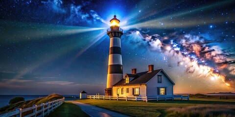 Vintage Style Photography of Bodie Lighthouse at Night - A Captivating Coastal Scene with Bright Stars, Moonlight, and a Historic Lighthouse Illuminating the Dark Sky for Serene Nighttime Landscapes