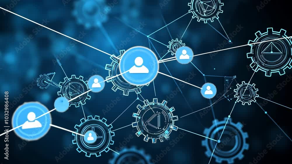Poster a network of gears and user icons connected by lines, suggesting interconnectedness and collaboratio