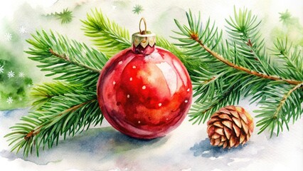Naklejka premium Watercolor Christmas Ball with Red Ribbon and Pine Branches on White Background for Holiday Decor, Winter Festivities, and Seasonal Celebrations