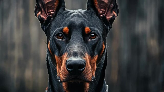 A Doberman Pinscher stares intently into the camera