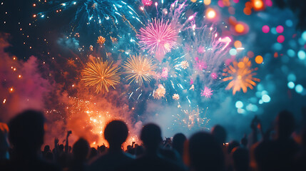 Close-up of colorful fireworks bursting in the sky above a city, creating a festive atmosphere as people gather to celebrate