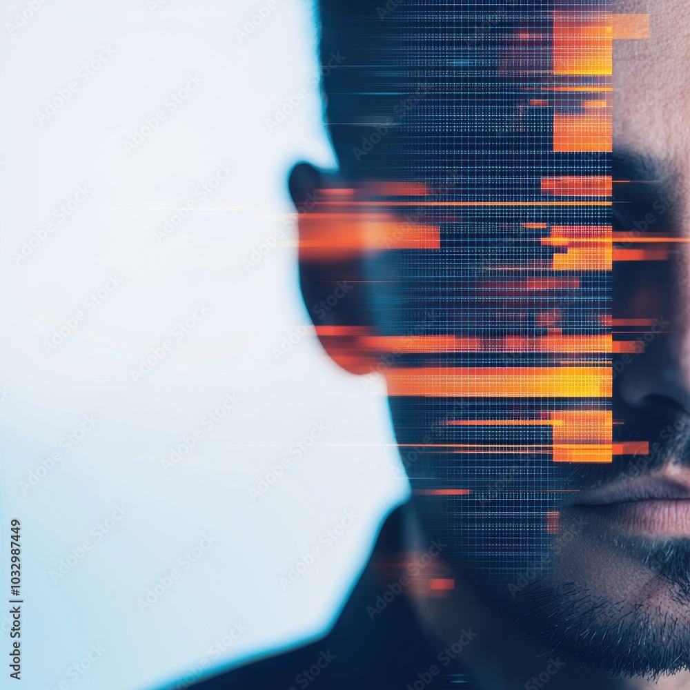 Poster closeup of man's face with biometric scan patterns