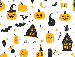 Fototapeta premium Halloween Seamless Pattern with Pumpkins, Bats, and Haunted Houses