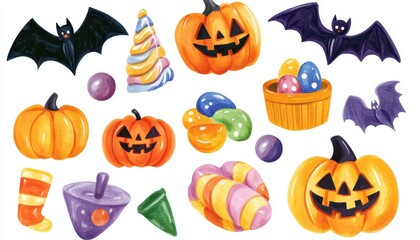 Watercolor Illustration of Halloween and Hanukkah Holiday Symbols