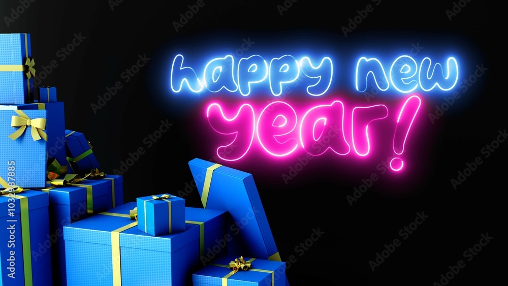 Poster happy new year neon sign. happy new year text font with light. luminous and shimmering haze inside t