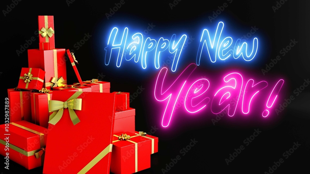 Poster happy new year neon sign. happy new year text font with light. luminous and shimmering haze inside t