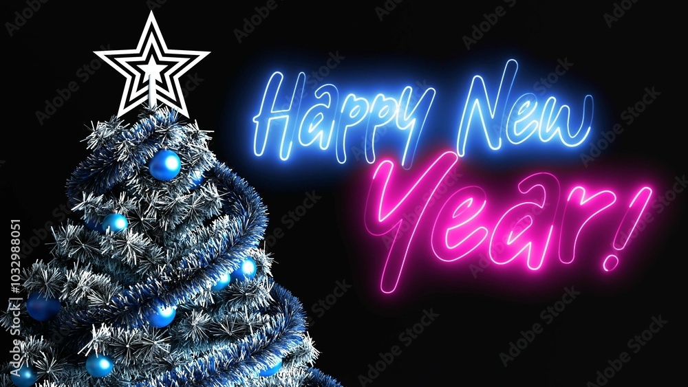 Poster happy new year neon sign. happy new year text font with light. luminous and shimmering haze inside t