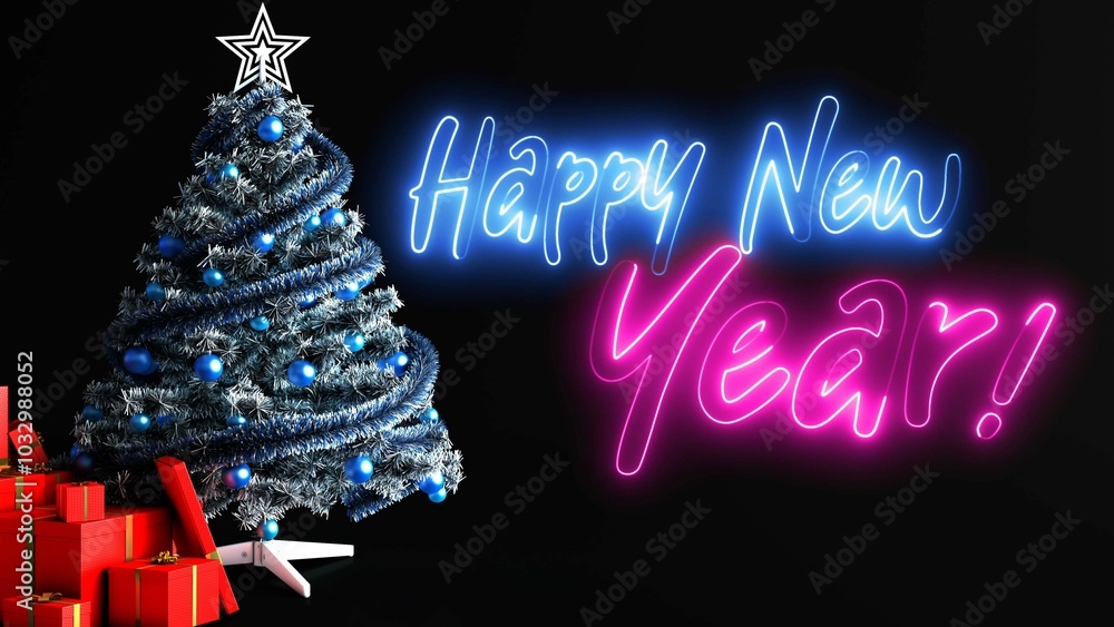 Poster happy new year neon sign. happy new year text font with light. luminous and shimmering haze inside t