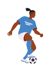 Obraz premium Soccer player. African American man plays European football game. Guy athlete running and hitting ball. Sports and activity. Flat vector illustration isolated on white background