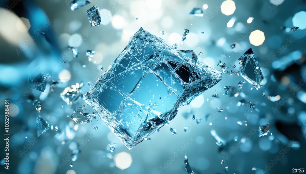 Poster shattered crystal cube with blue background and bokeh lights