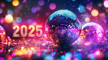 Sparkling Disco Ball Ushering in the New Year 2025 with Vibrant